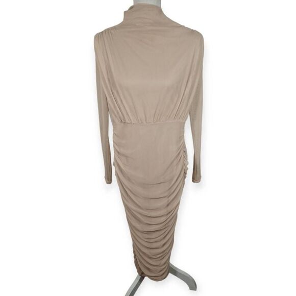 PRETTYLITTLETHING Nude Mesh High Neck Long Sleeve Ruched Skirt Midi Dress SZ 2 E - Picture 6 of 8